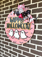 Load image into Gallery viewer, Happy Halloween | Door Hanger | Porch Leaner | Pink | Ghosts | Hearts &amp; Bats
