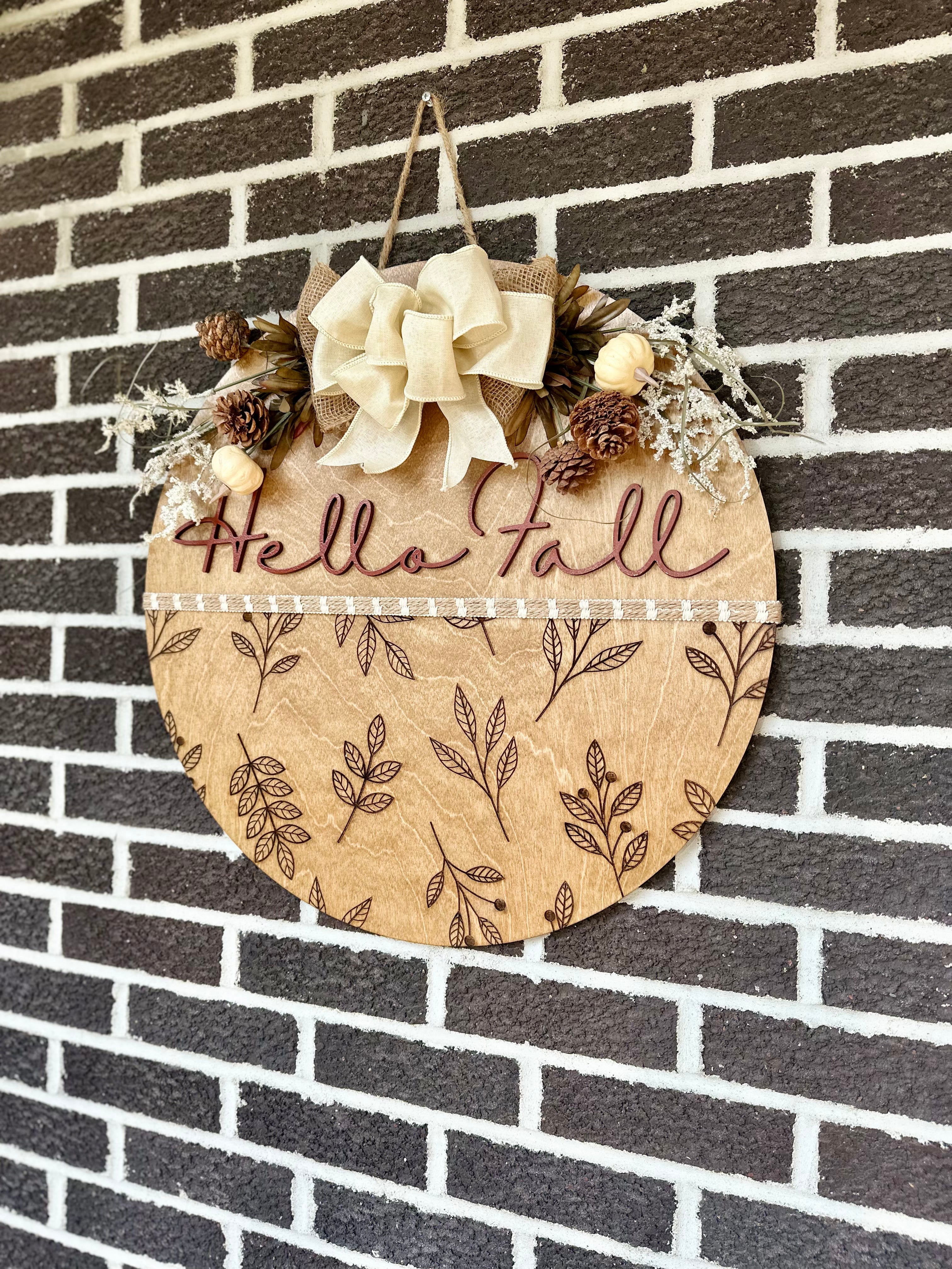 22" Hello Fall Door Hanger | Engraved Branch Bottom