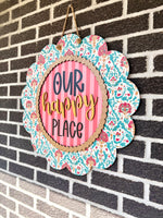 Load image into Gallery viewer, Our Happy Place | Scalloped Door Hanger
