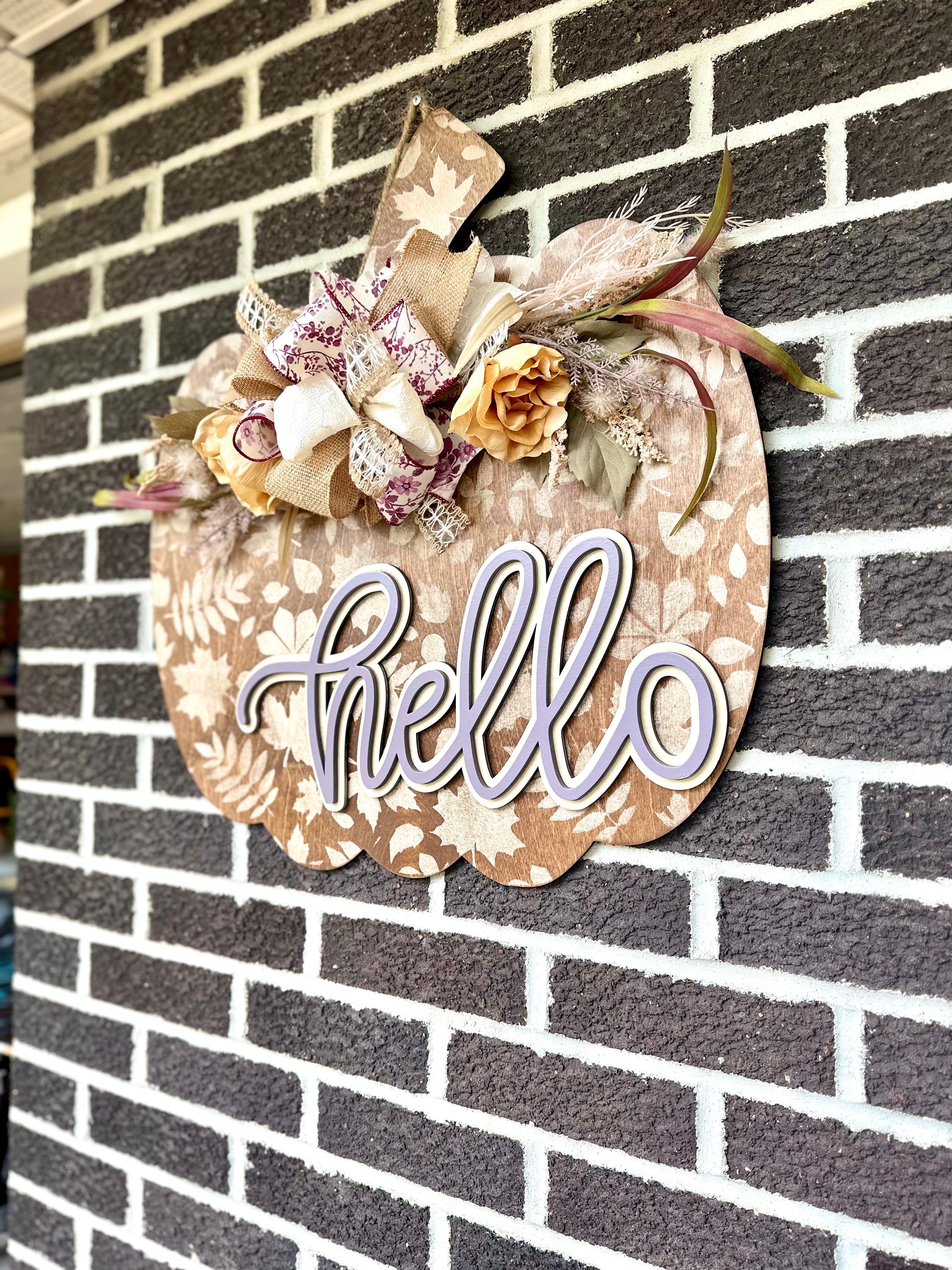 22" Pumpkin Door Hanger | Hello | Leaf Pattern
