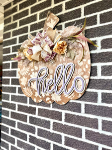 22" Pumpkin Door Hanger | Hello | Leaf Pattern