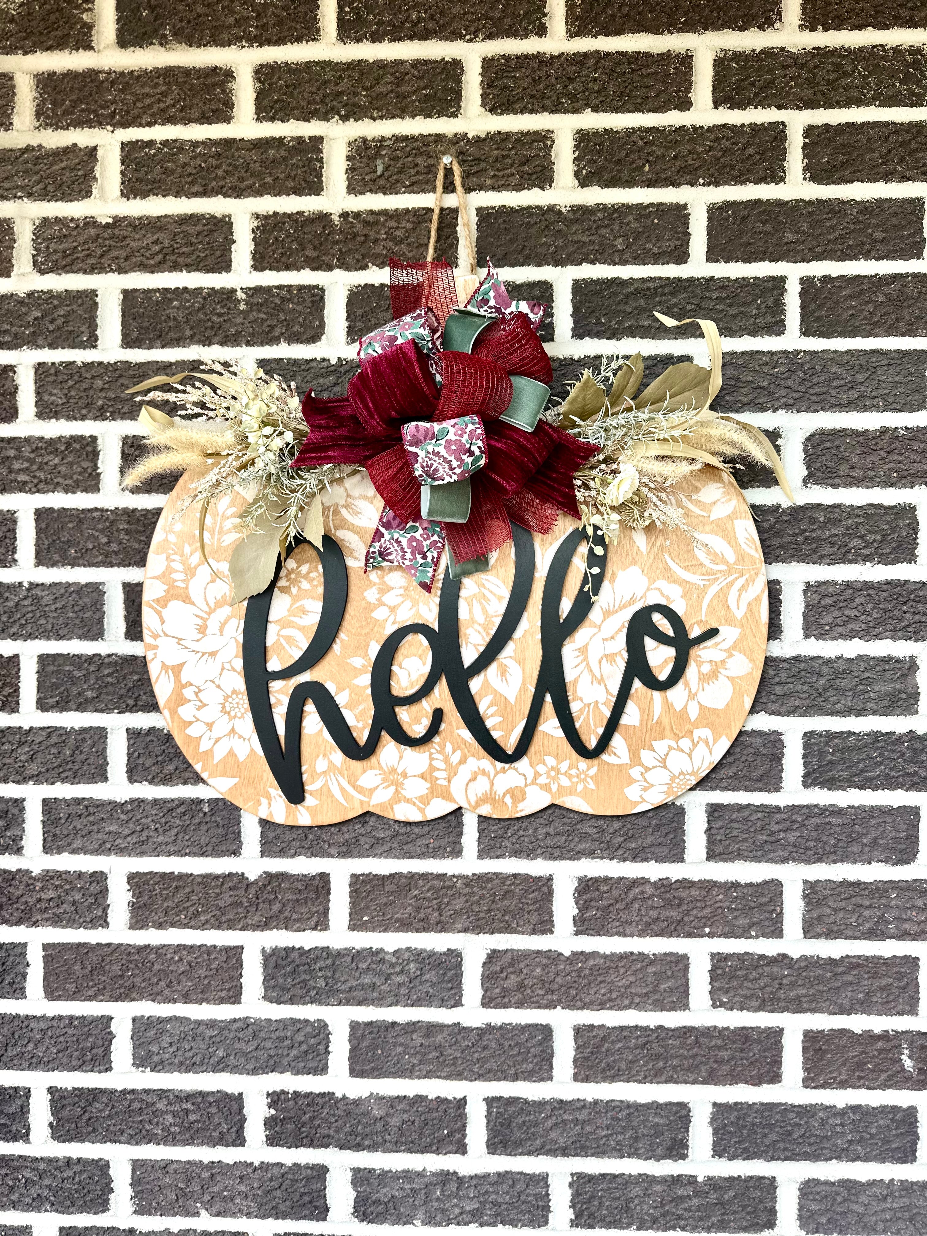 22" Pumpkin Door Hanger | Hello | Floral Pattern