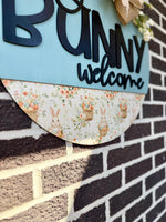 Load image into Gallery viewer, 22" Every Bunny Welcome | Blue | Bunnies | Eggs | Bunny Ears | Spring | Easter | Door Hanger
