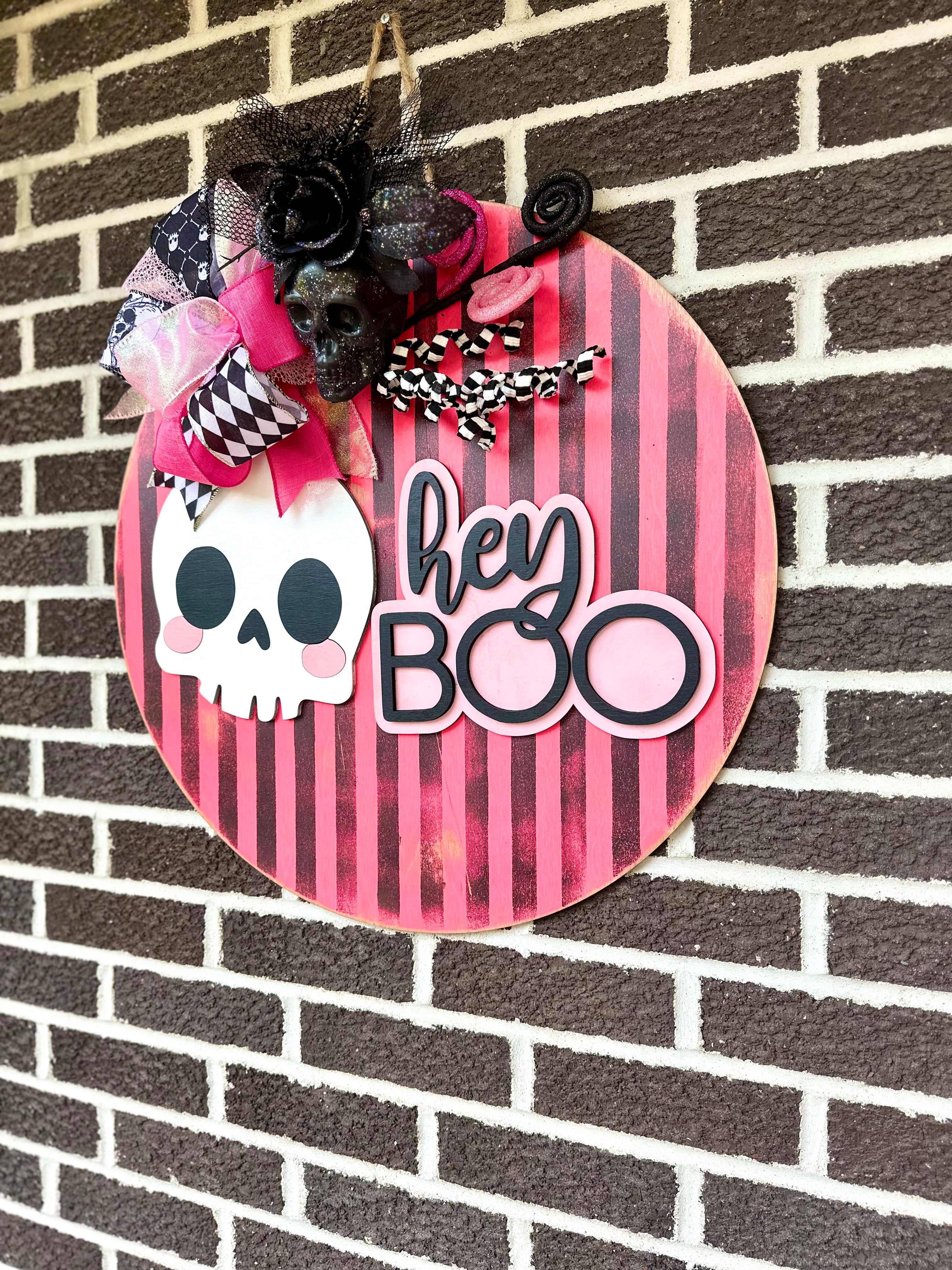 22" Hey Boo Door Hanger | Pink | Black | Stripes | Skull