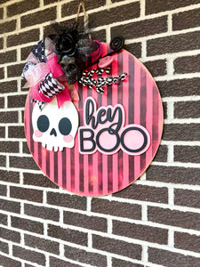 22" Hey Boo Door Hanger | Pink | Black | Stripes | Skull