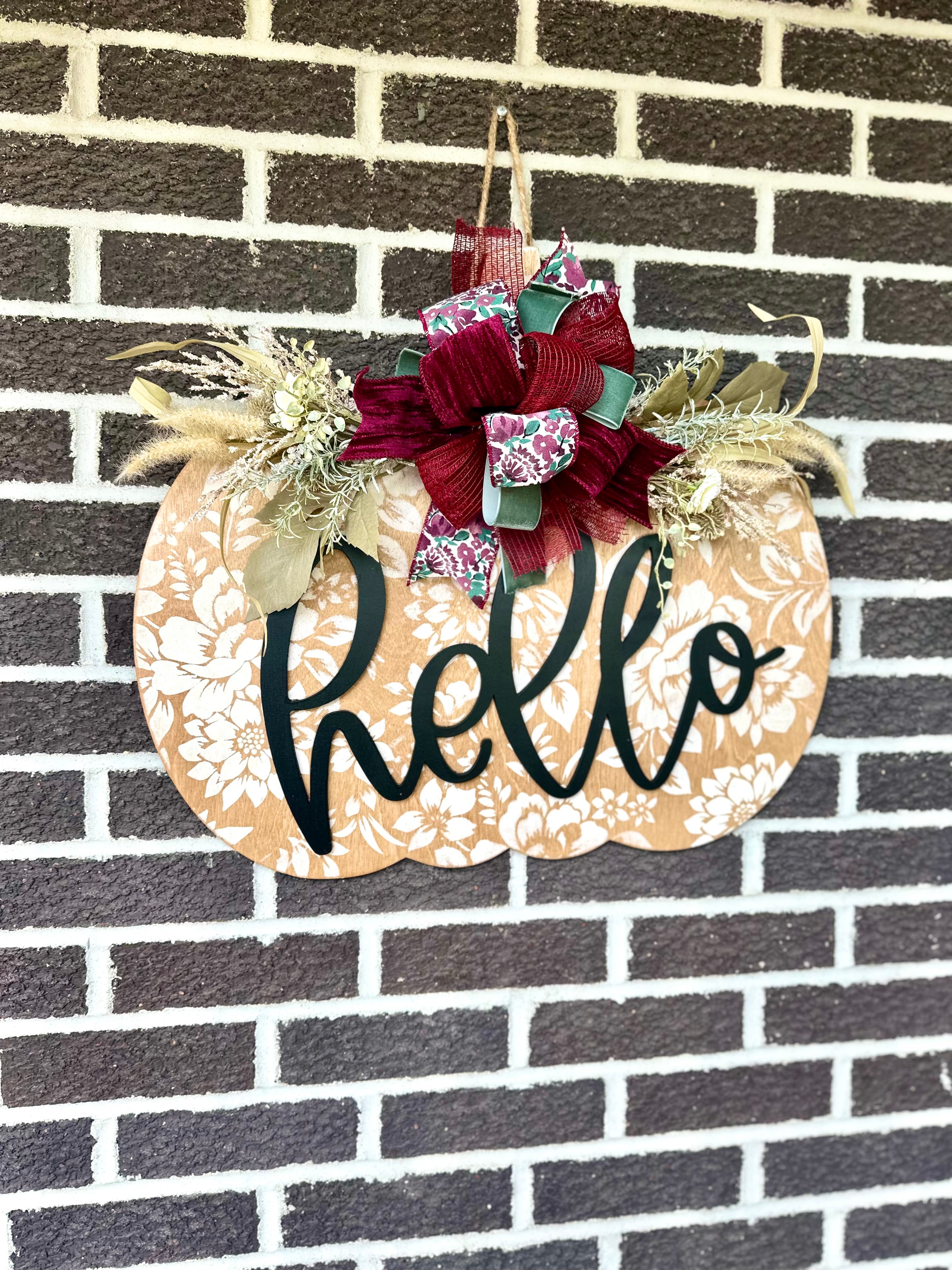 22" Pumpkin Door Hanger | Hello | Floral Pattern