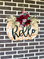 Load image into Gallery viewer, 22&quot; Pumpkin Door Hanger | Hello | Floral Pattern
