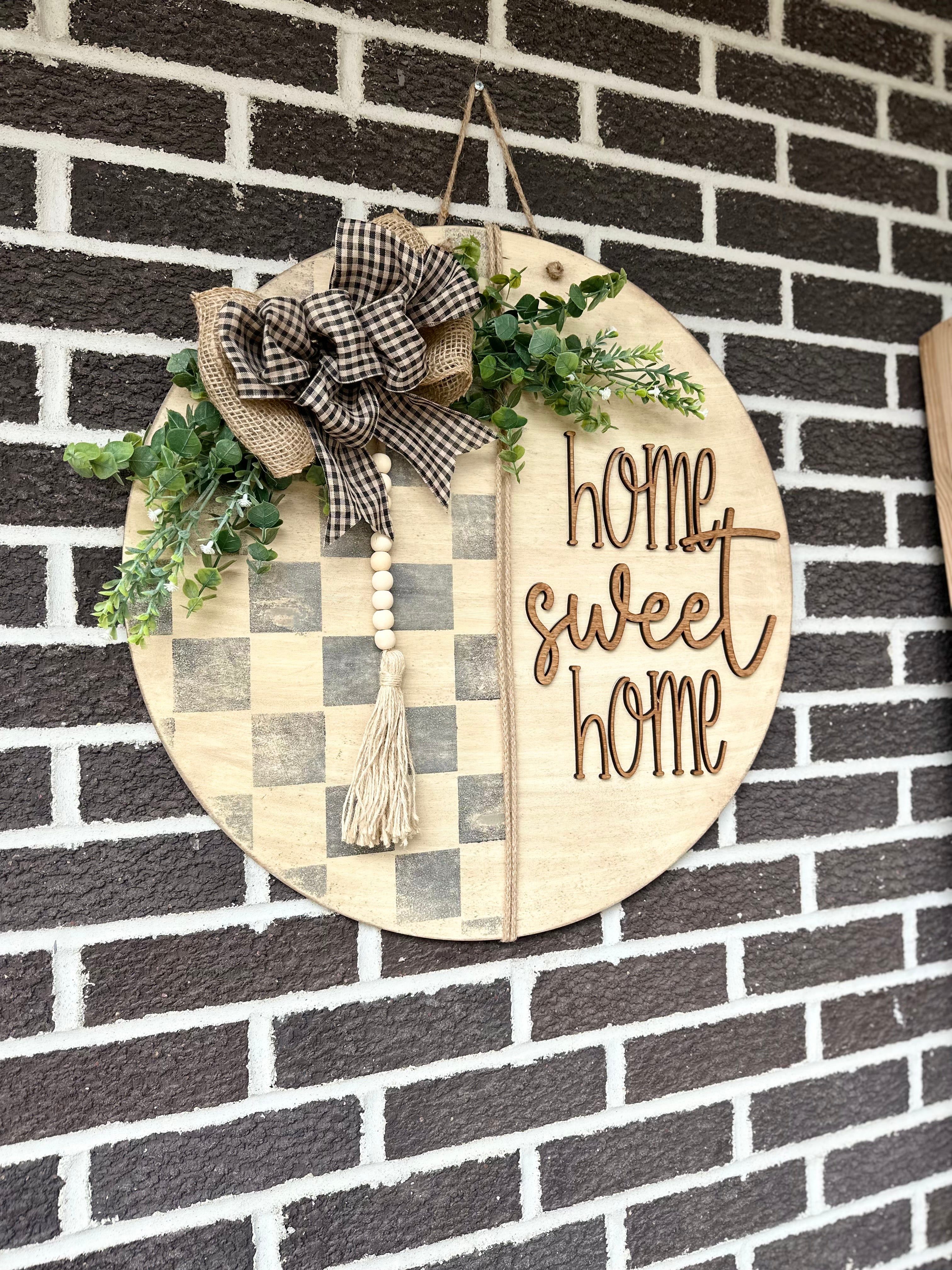 22” Home Sweet Home Door Hanger | Checkered | Rustic | White