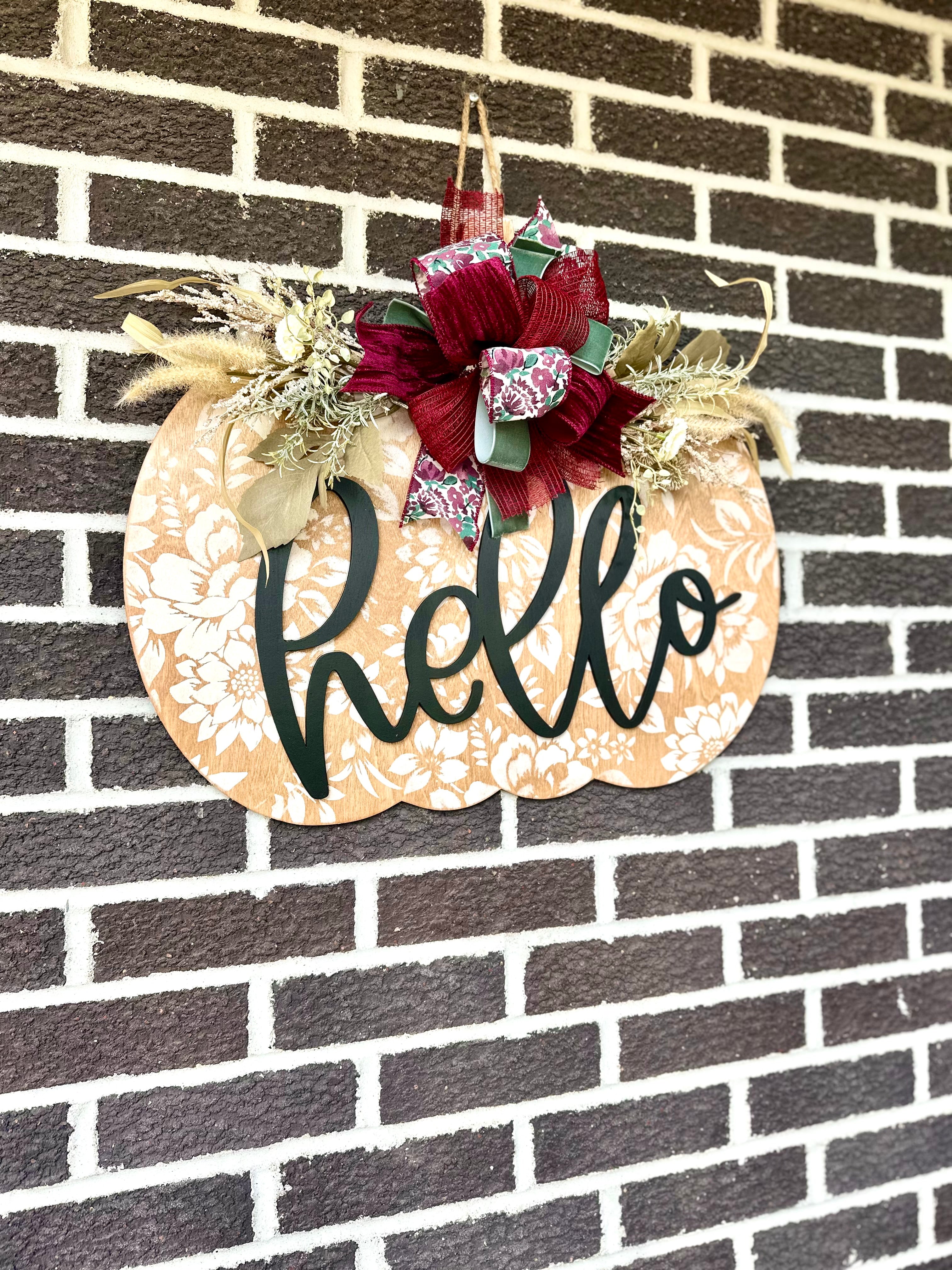 22" Pumpkin Door Hanger | Hello | Floral Pattern