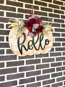 22" Pumpkin Door Hanger | Hello | Floral Pattern
