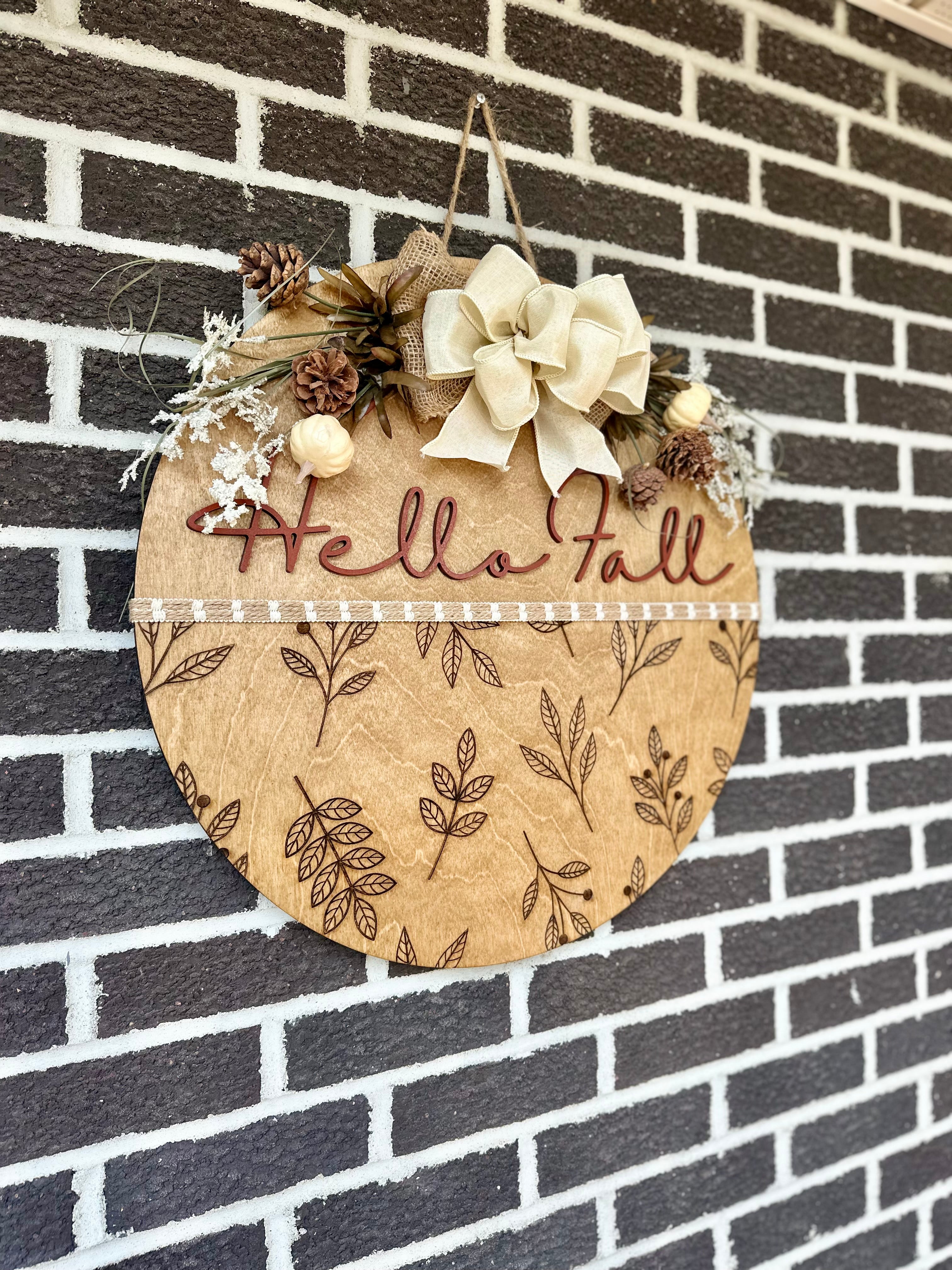 22" Hello Fall Door Hanger | Engraved Branch Bottom
