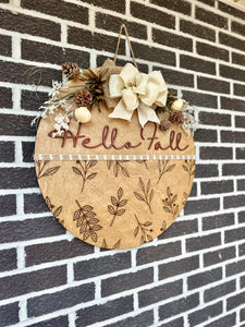 22" Hello Fall Door Hanger | Engraved Branch Bottom