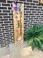 Load image into Gallery viewer, Oh Hello Boo Door Hanger | Happy Halloween Porch Leaner | Ghost | Checkered | Pink | Flowers
