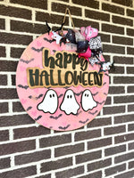 Load image into Gallery viewer, Happy Halloween | Door Hanger | Porch Leaner | Pink | Ghosts | Hearts &amp; Bats
