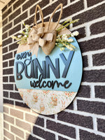 Load image into Gallery viewer, 22" Every Bunny Welcome | Blue | Bunnies | Eggs | Bunny Ears | Spring | Easter | Door Hanger
