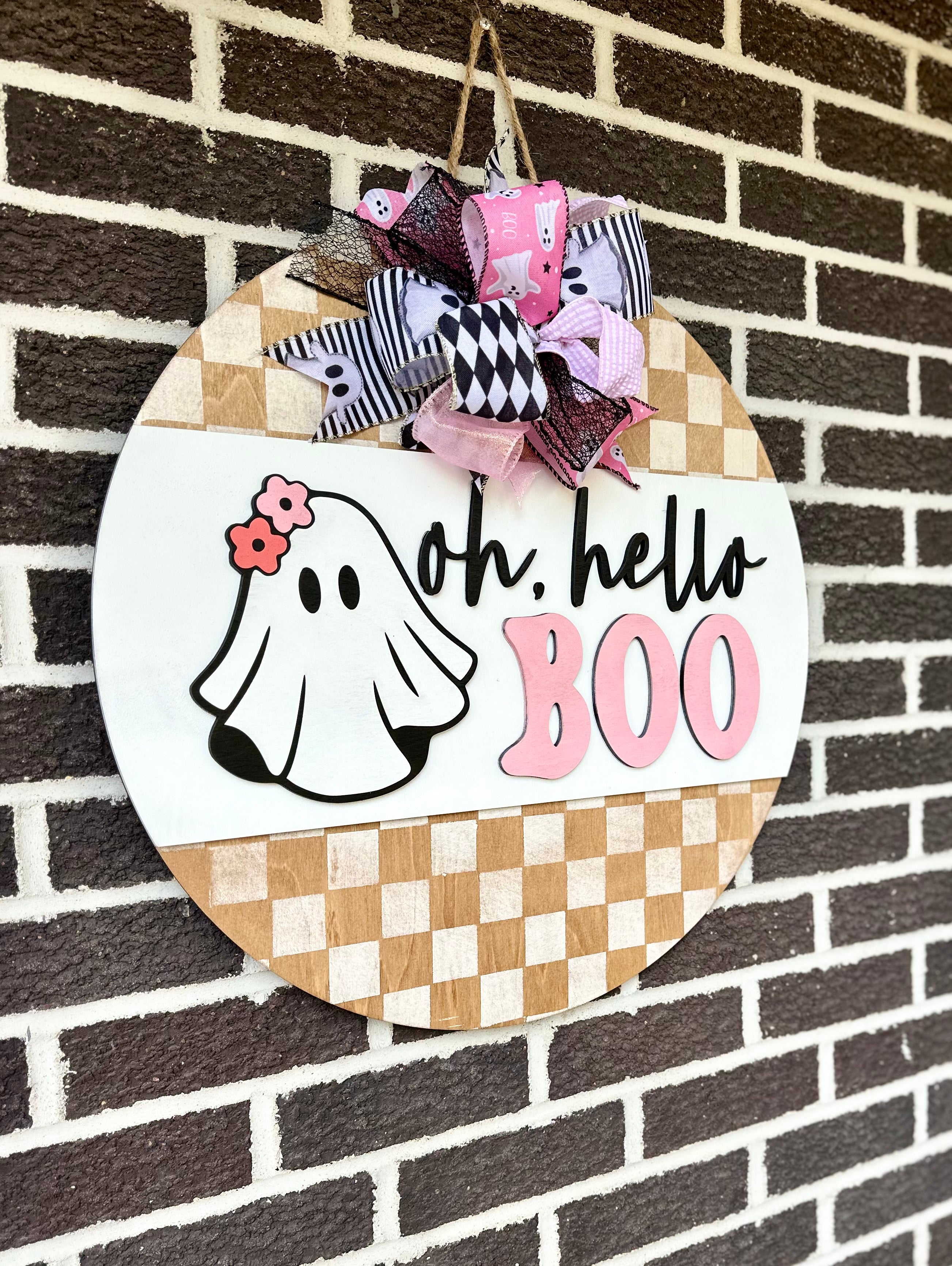 Oh Hello Boo Door Hanger | Happy Halloween Porch Leaner | Ghost | Checkered | Pink | Flowers