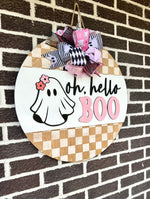 Load image into Gallery viewer, Oh Hello Boo Door Hanger | Happy Halloween Porch Leaner | Ghost | Checkered | Pink | Flowers

