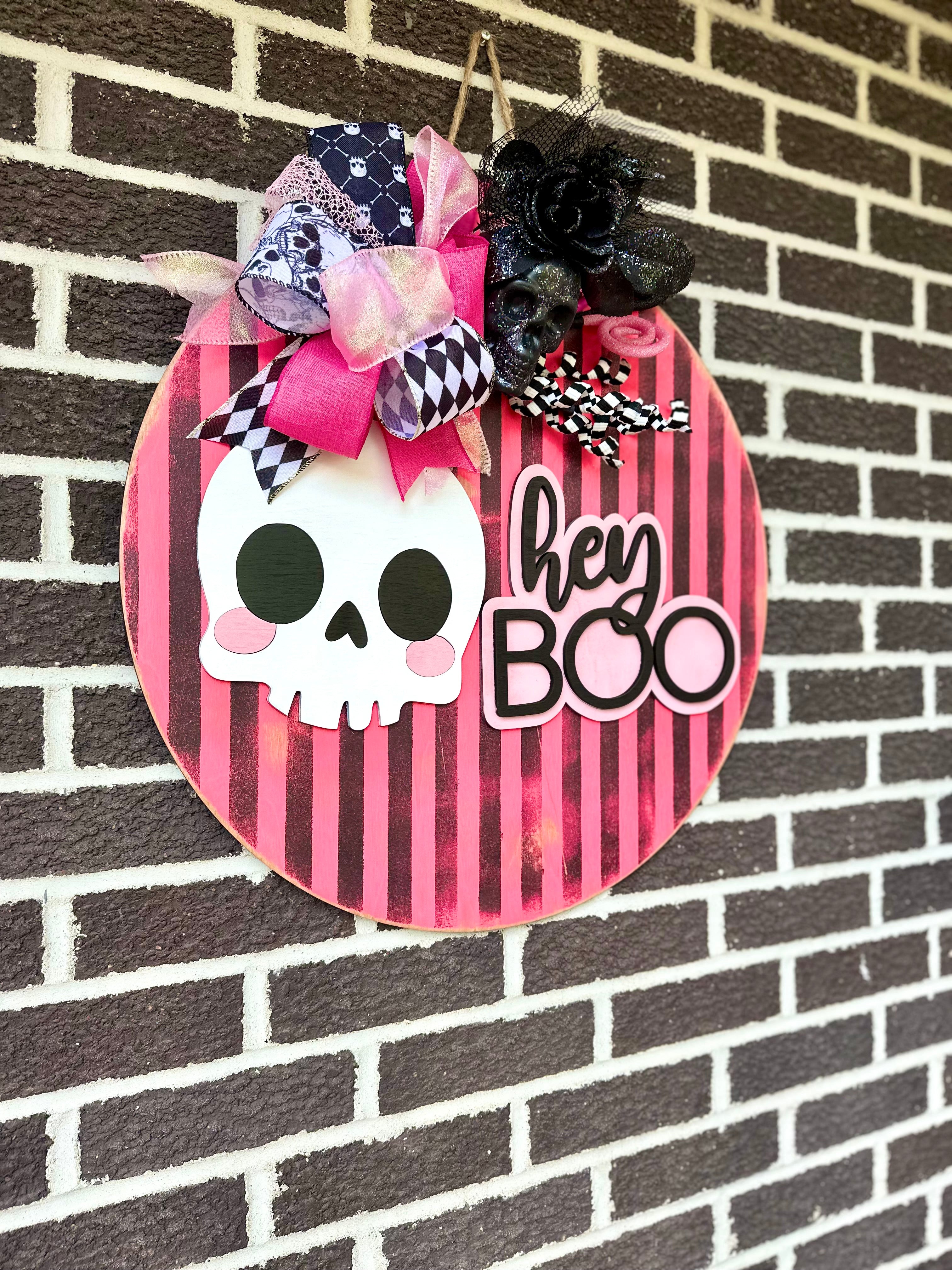 22" Hey Boo Door Hanger | Pink | Black | Stripes | Skull