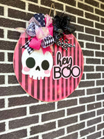 Load image into Gallery viewer, 22&quot; Hey Boo Door Hanger | Pink | Black | Stripes | Skull
