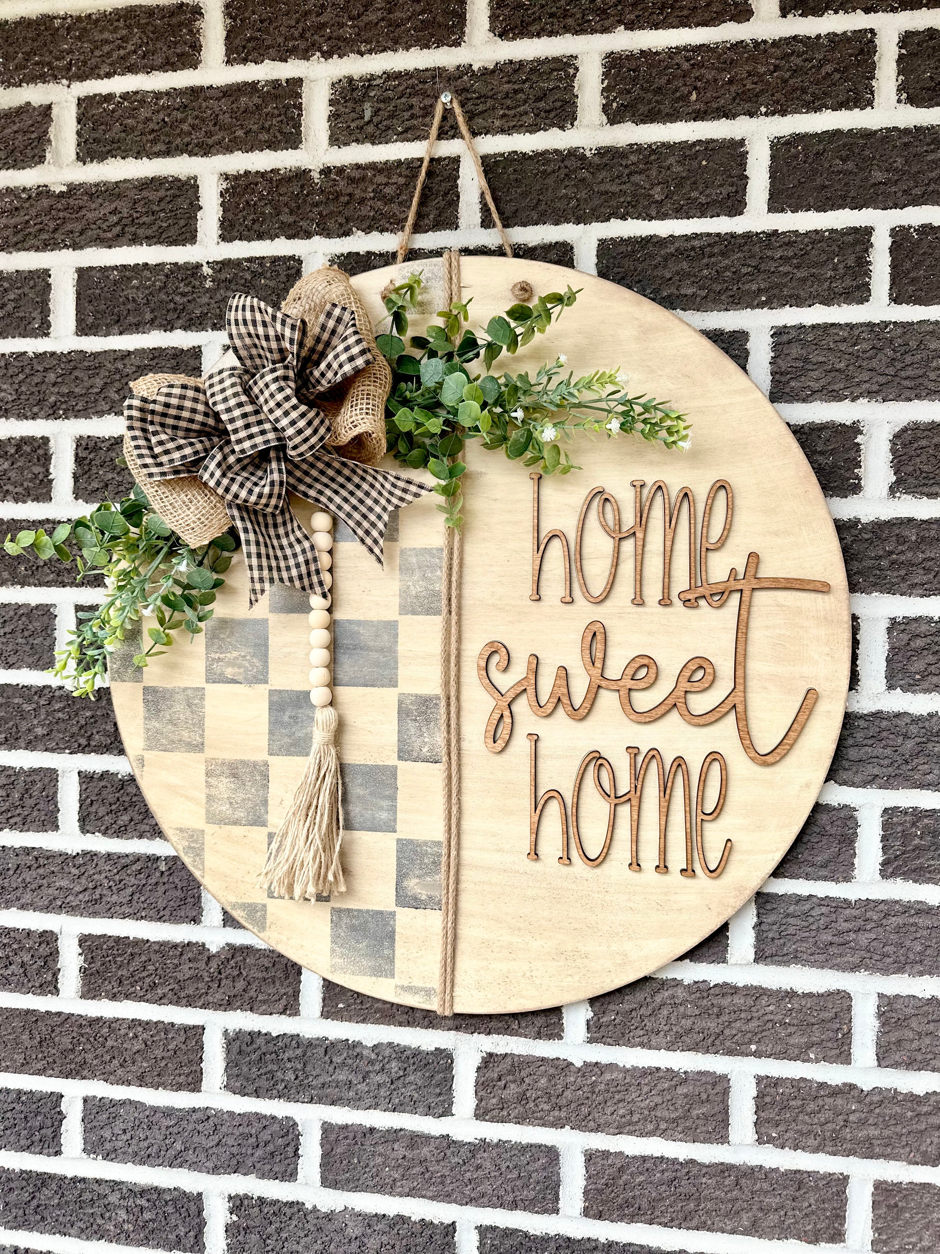 22” Home Sweet Home Door Hanger | Checkered | Rustic | White