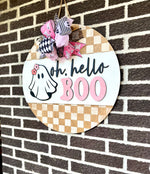 Load image into Gallery viewer, Oh Hello Boo Door Hanger | Happy Halloween Porch Leaner | Ghost | Checkered | Pink | Flowers
