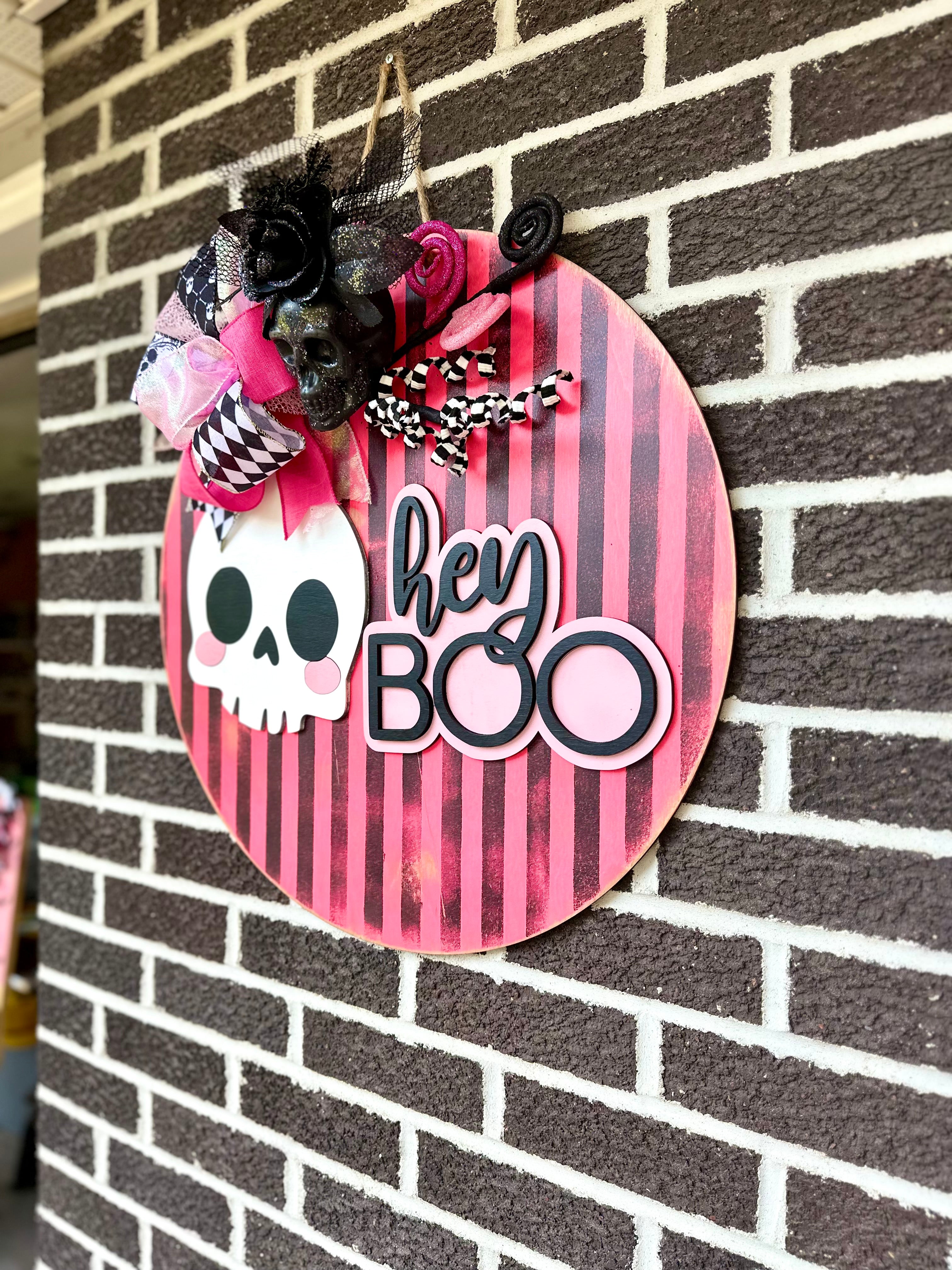 22" Hey Boo Door Hanger | Pink | Black | Stripes | Skull