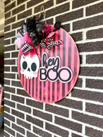 Load image into Gallery viewer, 22&quot; Hey Boo Door Hanger | Pink | Black | Stripes | Skull
