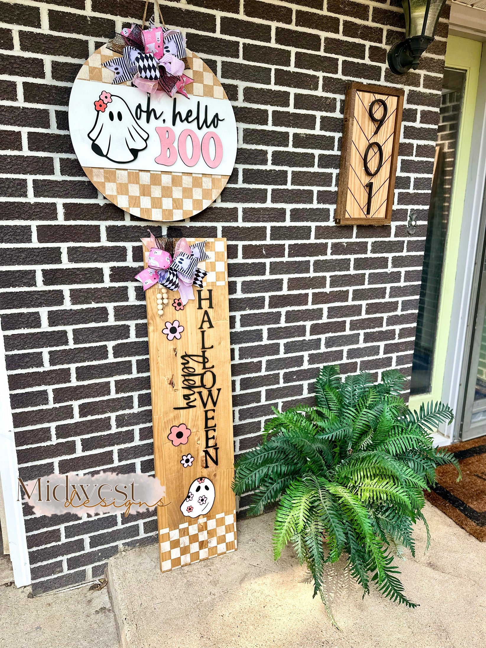 Oh Hello Boo Door Hanger | Happy Halloween Porch Leaner | Ghost | Checkered | Pink | Flowers