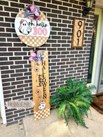 Load image into Gallery viewer, Oh Hello Boo Door Hanger | Happy Halloween Porch Leaner | Ghost | Checkered | Pink | Flowers
