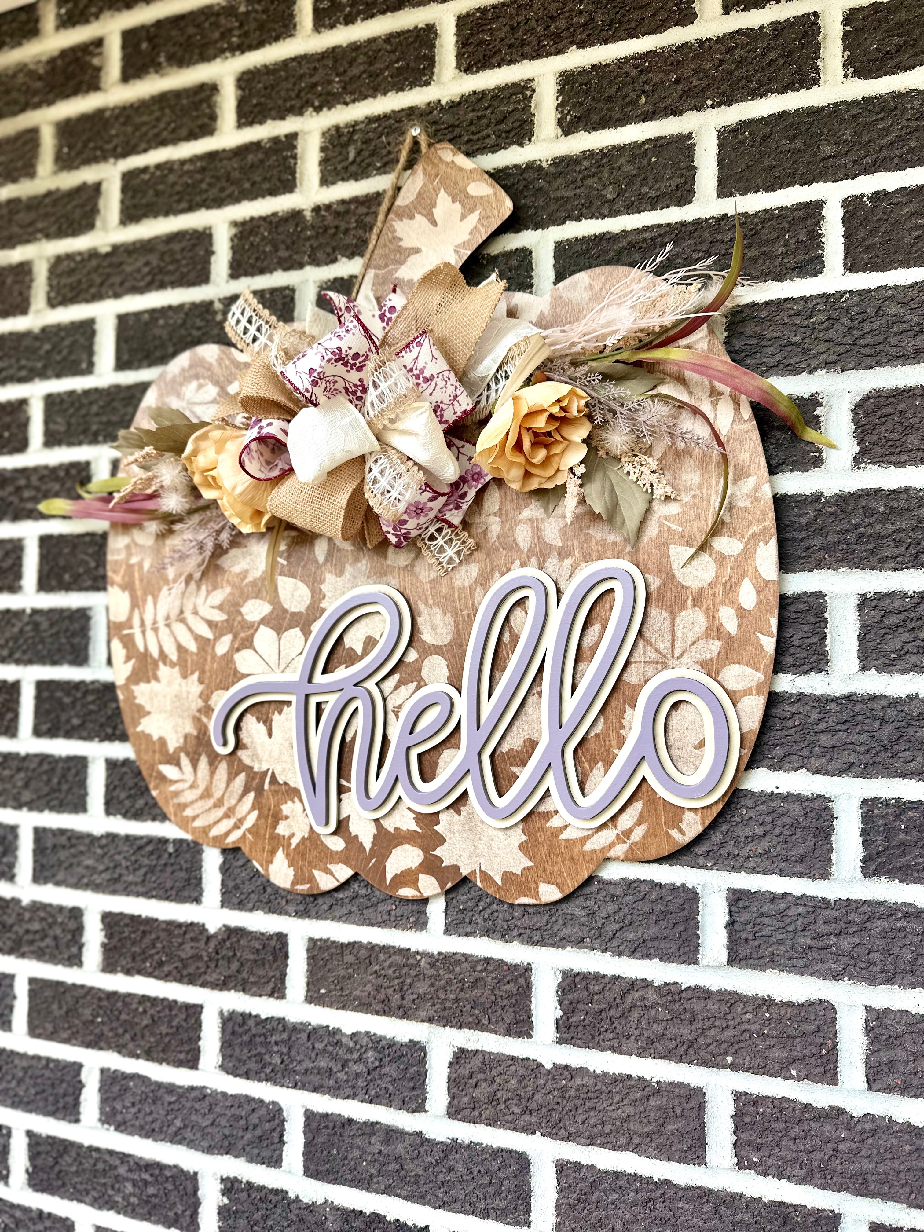 22" Pumpkin Door Hanger | Hello | Leaf Pattern