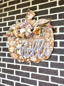 22" Pumpkin Door Hanger | Hello | Leaf Pattern