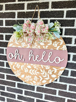Load image into Gallery viewer, 22” Oh Hello Door Hanger | Floral | Rustic | Vintage | Lace
