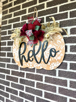 Load image into Gallery viewer, 22&quot; Pumpkin Door Hanger | Hello | Floral Pattern
