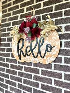 22" Pumpkin Door Hanger | Hello | Floral Pattern