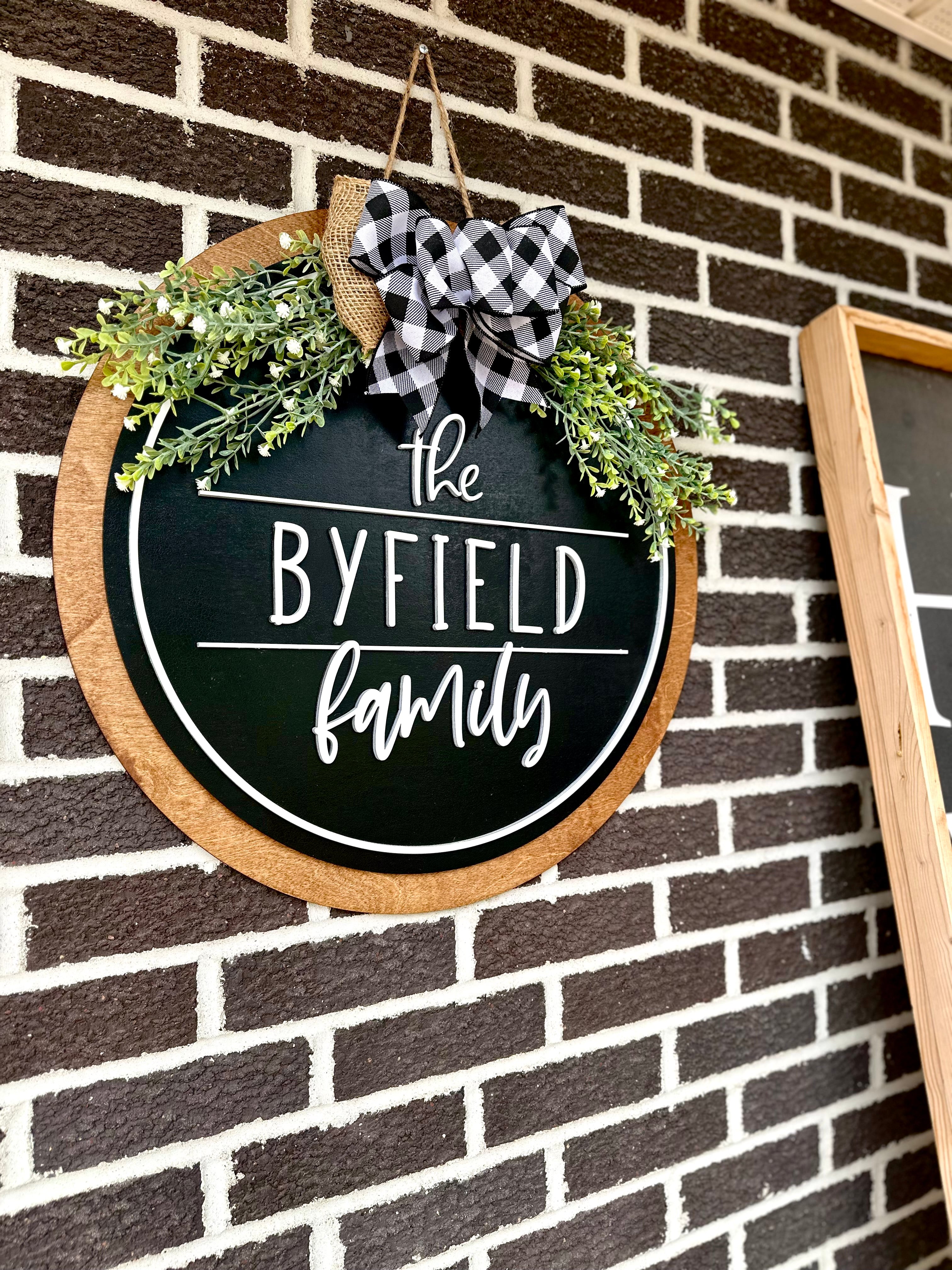 22" The Last Name Family Door Hanger | Black | White Frame