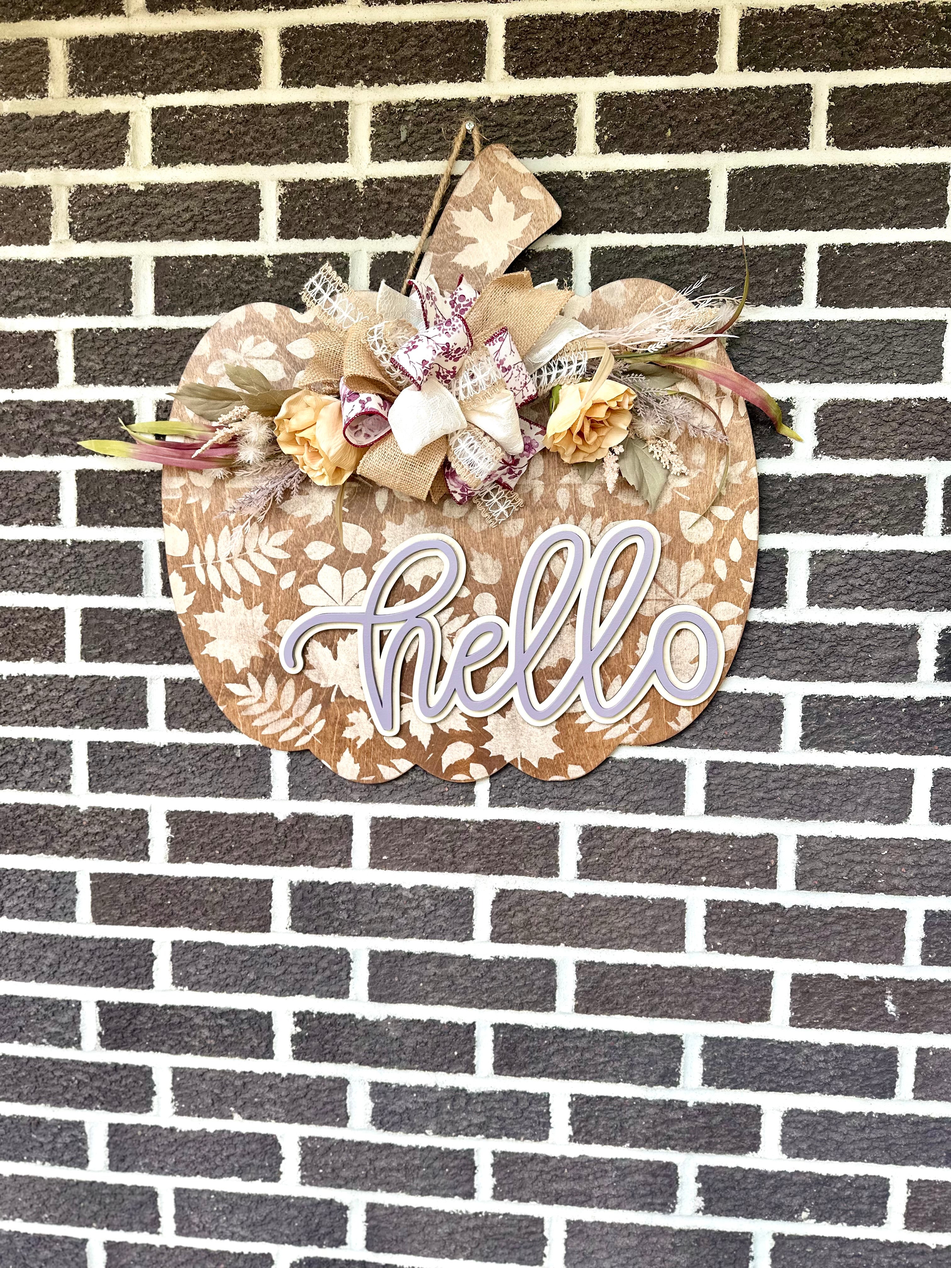 22" Pumpkin Door Hanger | Hello | Leaf Pattern