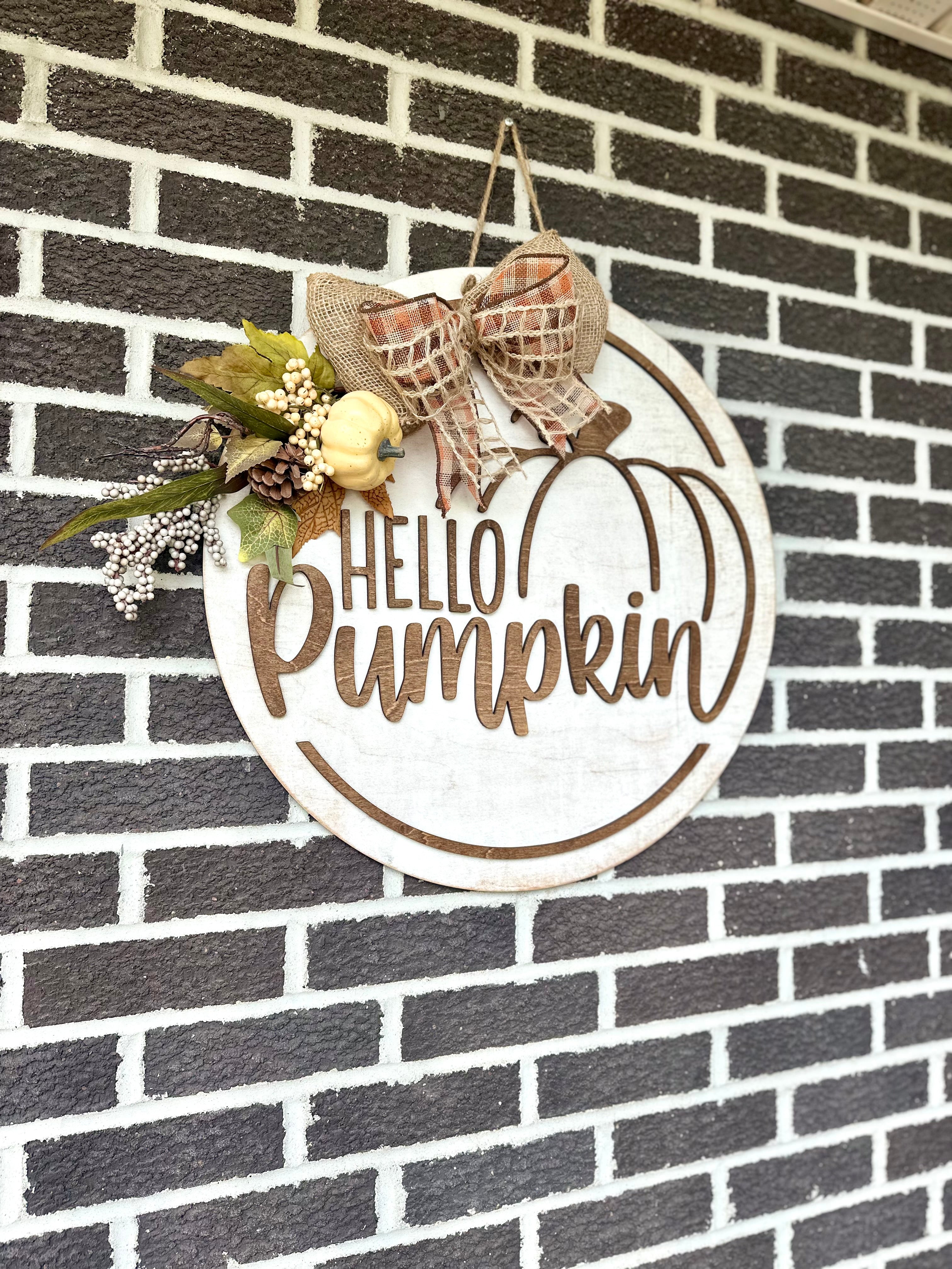 22" Hello Pumpkin Door Hanger | Distressed | Rustic