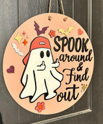 Load image into Gallery viewer, Spook Around &amp; Find Out Door Hanger | Ghost | Middle Finger | Humor | Groovy | Retro | Halloween
