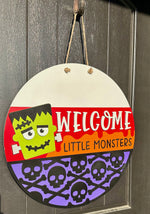 Load image into Gallery viewer, Welcome Little Monsters Door Hanger | Halloween | Frankenstein
