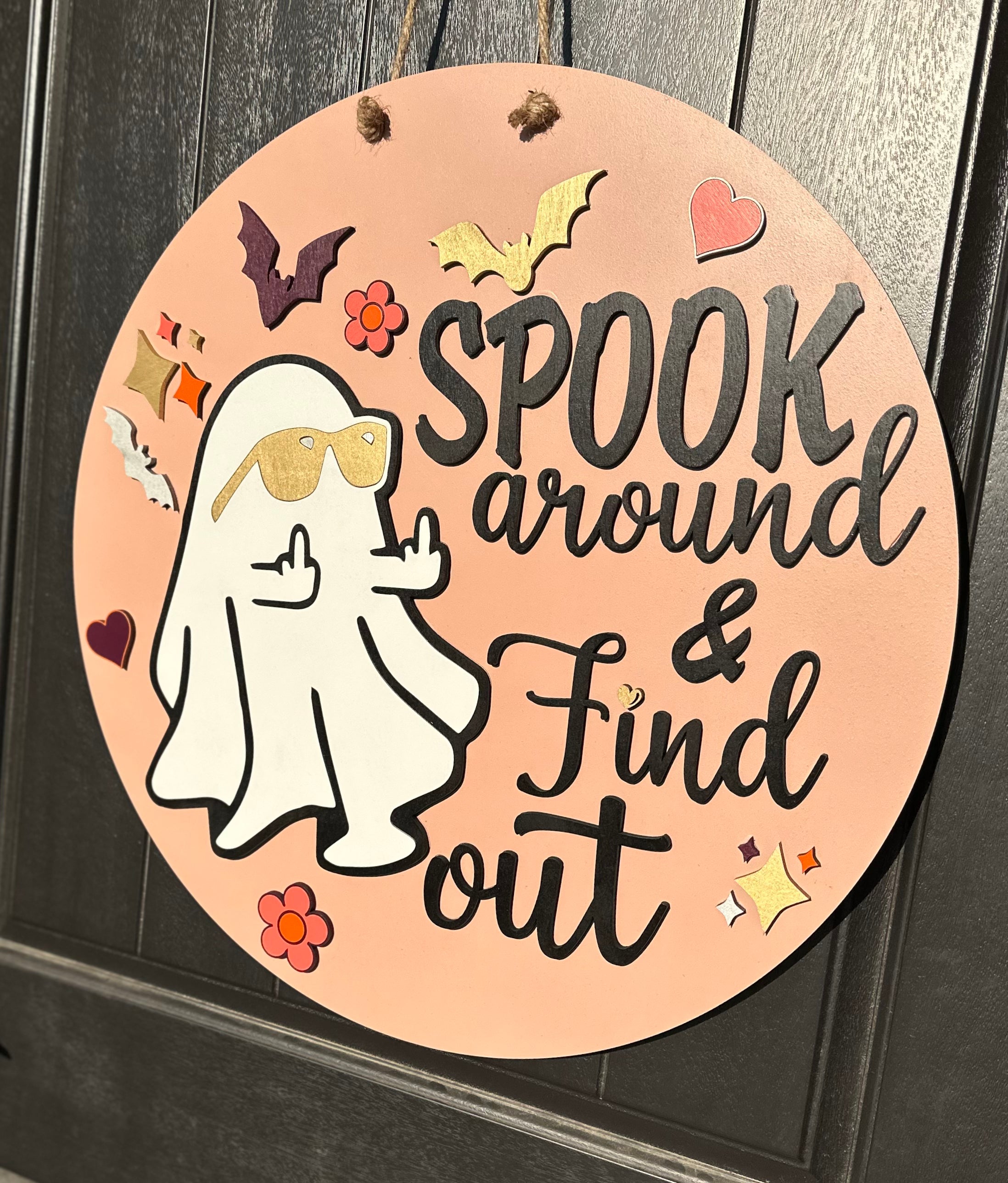 Spook Around & Find Out Door Hanger | Ghost | Middle Finger | Humor | Groovy | Retro | Halloween