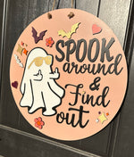 Load image into Gallery viewer, Spook Around &amp; Find Out Door Hanger | Ghost | Middle Finger | Humor | Groovy | Retro | Halloween
