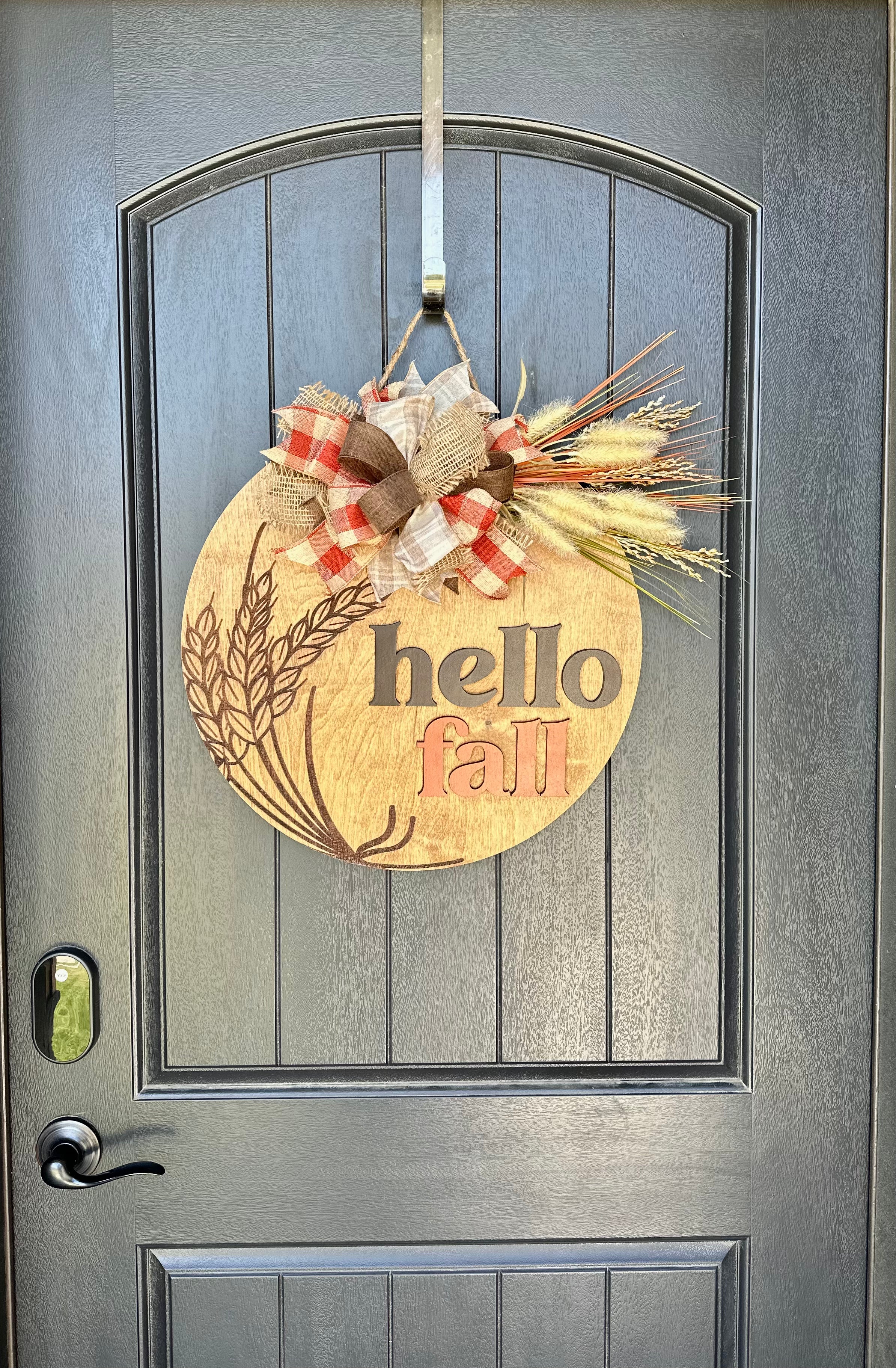 Hello Fall Engraved Wheat Door Hanger 