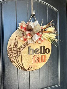 Hello Fall Engraved Wheat Door Hanger
