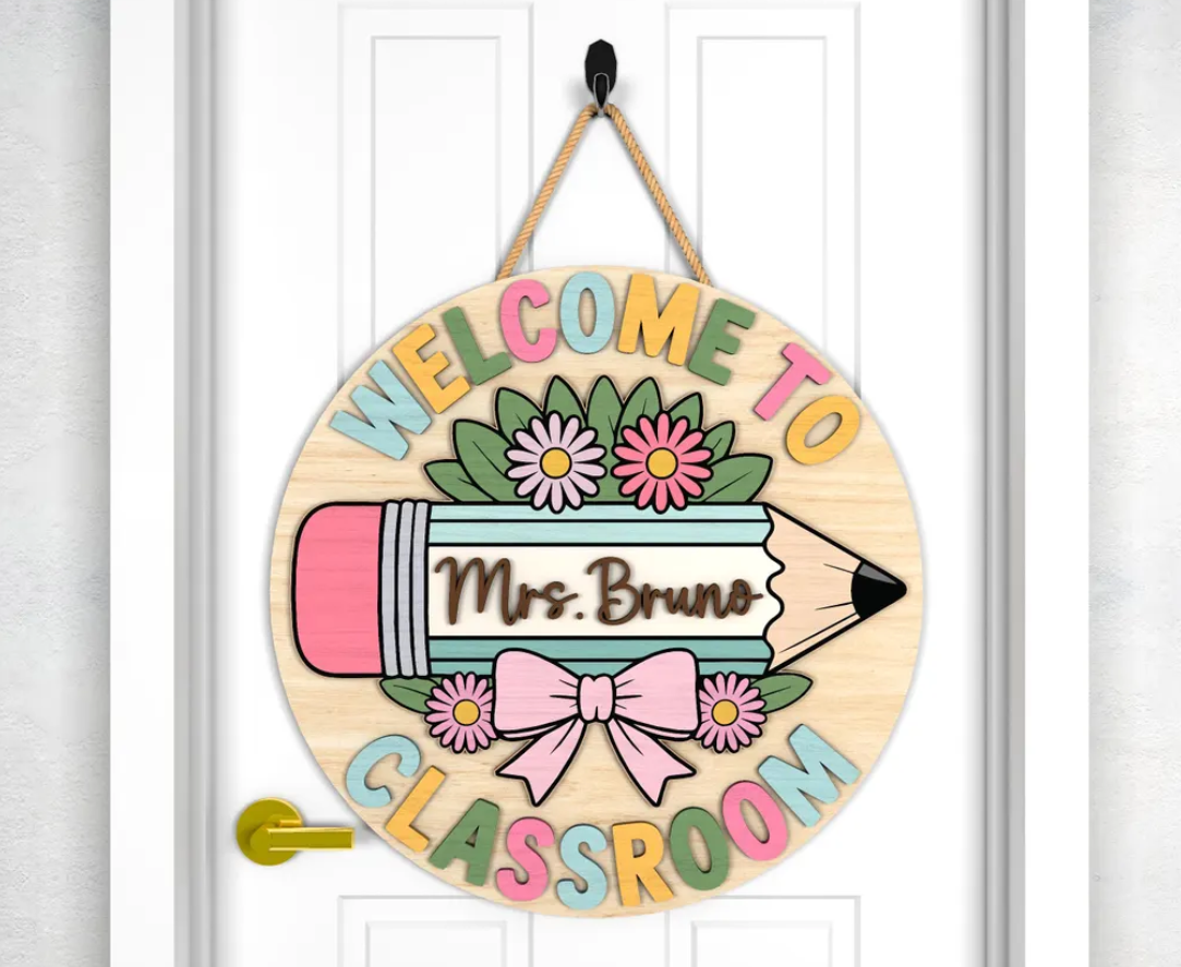 Welcome to teachers classroom | Personalized | Bow | Pencil | Flowers