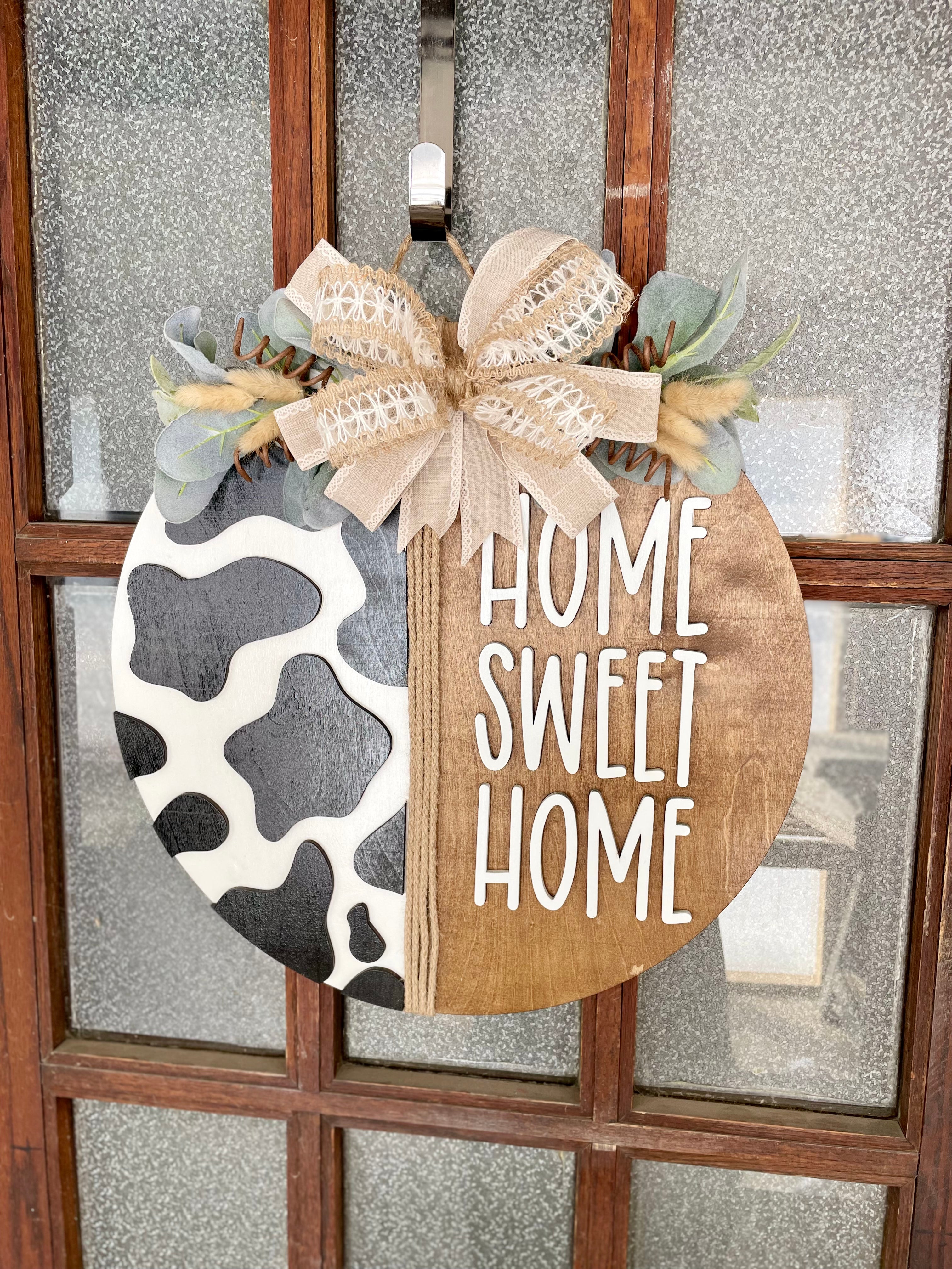 home sweet home cow print door hanger